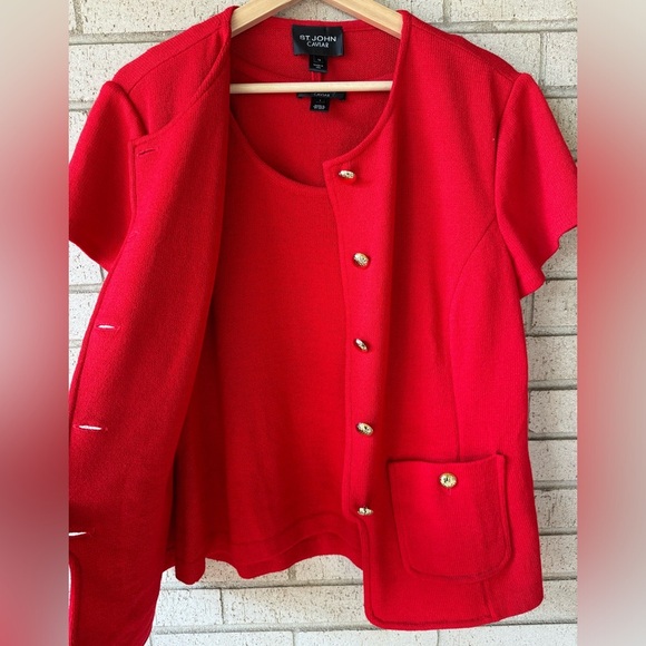 St. John Caviar Red Santana Knit 2-Piece Set | Gold Button Cardigan Set Large - Picture 2 of 8